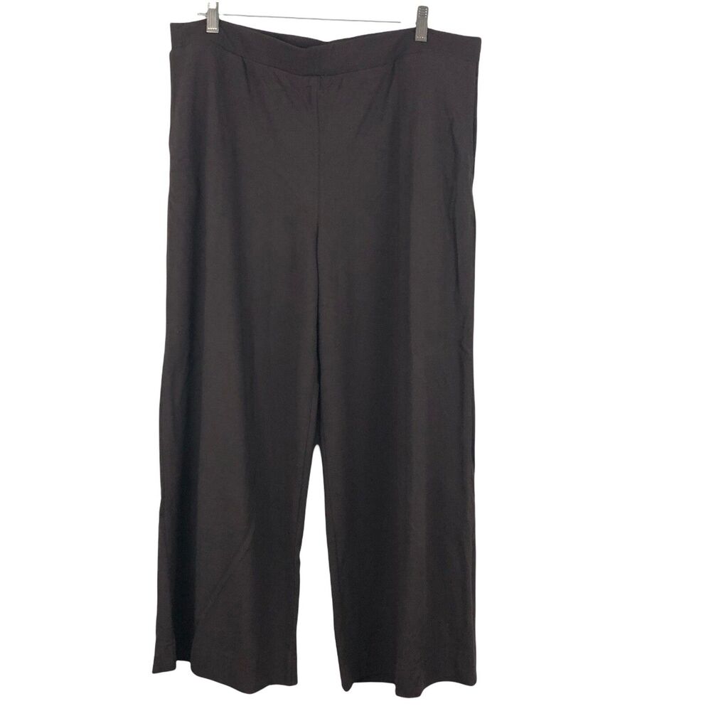 FLAX Wide Leg Crop Pants Sz L Pull On Elastic Waist Pockets Stretch Brown Rayon